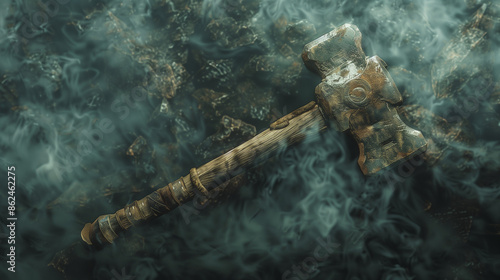 An ancient fantasy hammer, based on the appearance of a medieval weapon. Its top is covered with deep traces of time, which testify to a long and turbulent history, full of battles and legendary deeds photo