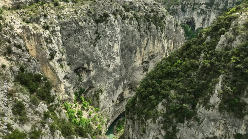 Aerial Reveal Steep Rock Climbing Walls of Verdon Gorge River Canyon Aerial Reveal Steep Rock Climbing Walls of Verdon Gorge River Canyon
