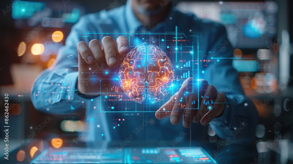 Businessman working on futuristic AI interface, visualizing brain activity in a high-tech setting with holographic displays. Businessman working on futuristic AI interface, visualizing brain activity in a high-tech setting with holographic displays.