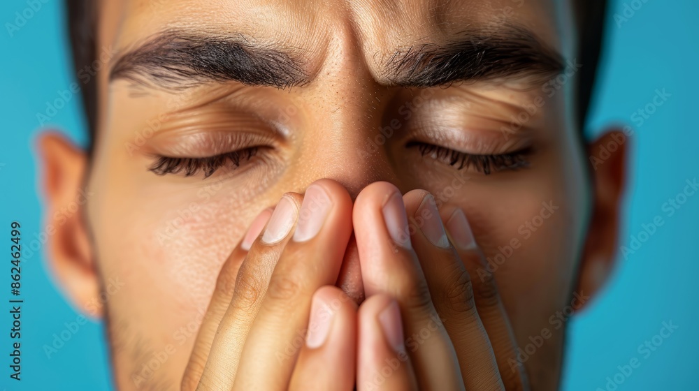 Close-up of a man's face with eyes closed, his hands covering his nose and mouth, expressing pain or discomfort. Close-up of a man's face with eyes closed, his hands covering his nose and mouth, expressing pain or discomfort.
