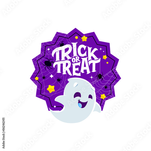 Halloween holiday sticker with funny kawaii ghost character. Isolated vector badge with spiders and cute spook with playful expression, adding a touch of spookiness and charm to the festive spirit