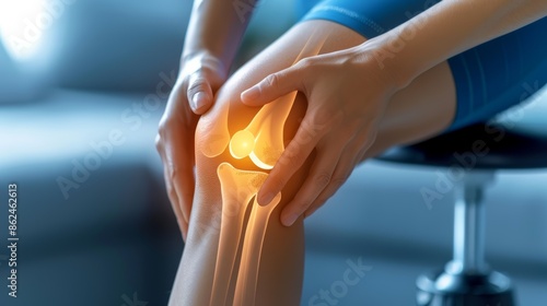 A woman holds her knee in pain, with visible skeletal structure highlighting the affected area. photo