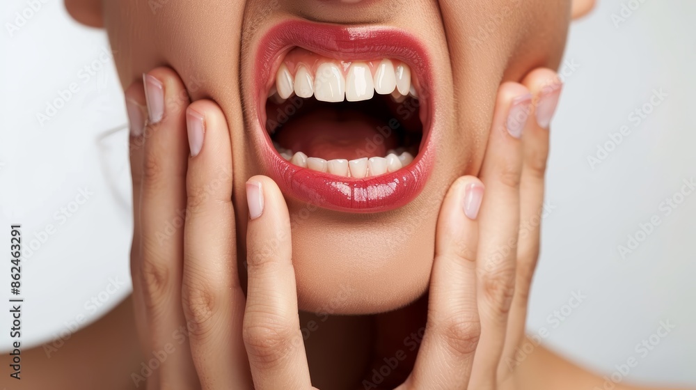 Obraz premium Person with a smile, she appears to be suffering from a headache or toothache.