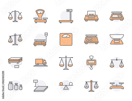 Balance flat line icons set. Weight measurement tools, diet scales, trade, electronic, industrial calibration vector illustrations. Thin sign justice concept. Orange color, Editable Stroke