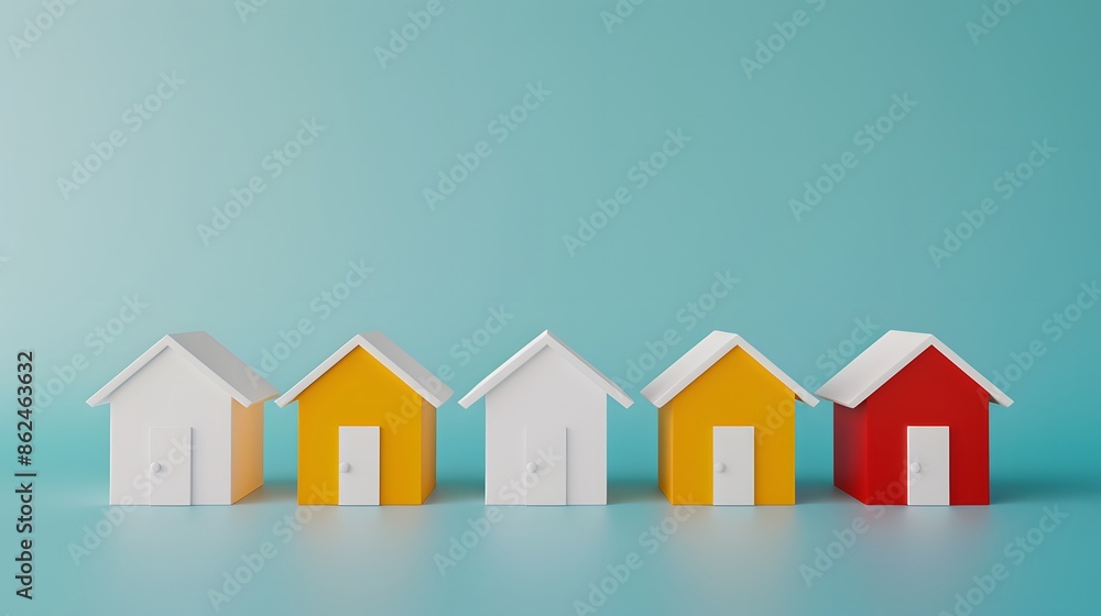 Colorful miniature houses in a row on a blue background. Real estate concept with red, white, and yellow houses. Colorful miniature houses in a row on a blue background. Real estate concept with red, white, and yellow houses.