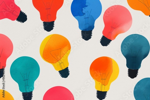 Colorful light bulbs pattern on a white background, showcasing various vibrant colors and creativity in design. photo
