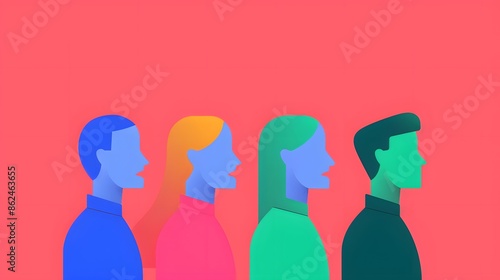 Colorful minimalistic illustration of people in profile view, set against a vibrant red background, showcasing diversity and modern design.