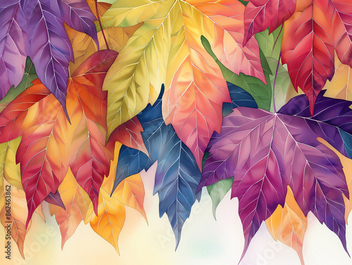 Close-up of Virginia creeper leaves, soft watercolor brushstrokes highlighting the intricate veins and seasonal hues, a vivid and detailed botanical scene photo