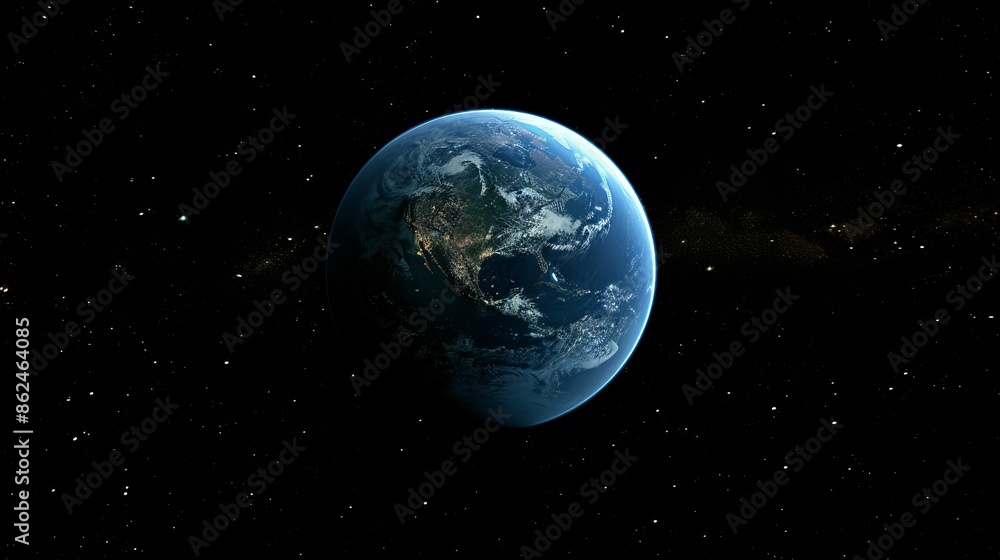 Obraz premium 3d blue earth globe with continent outlines against starry black space background