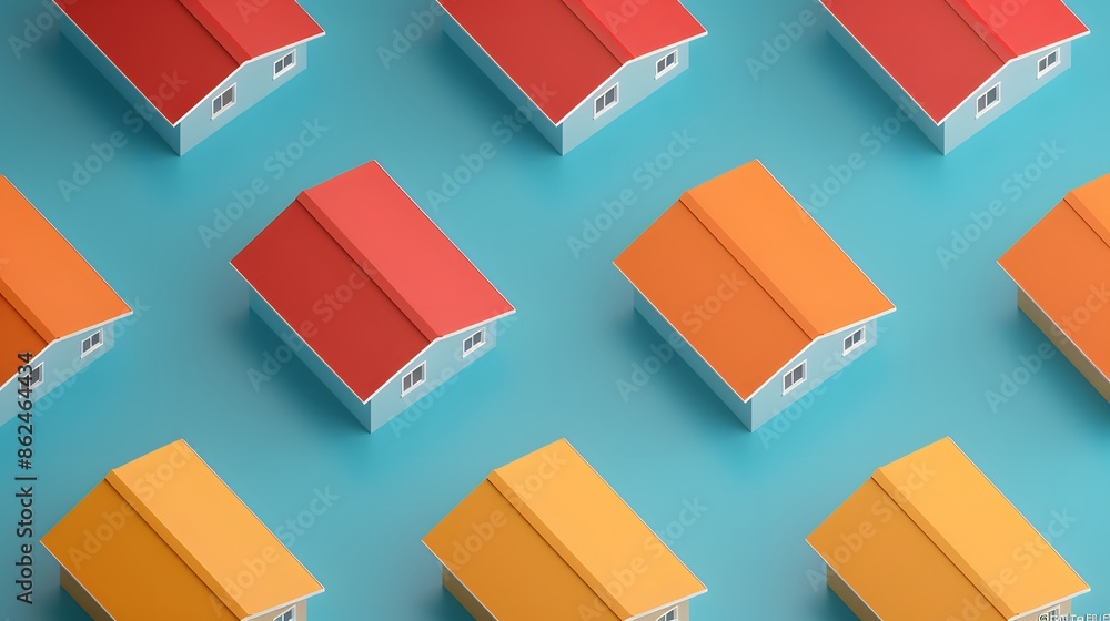 Colorful tiny house models with red and yellow roofs arranged in a pattern on a blue background. Perfect for real estate and construction themes. Colorful tiny house models with red and yellow roofs arranged in a pattern on a blue background. Perfect for real estate and construction themes.