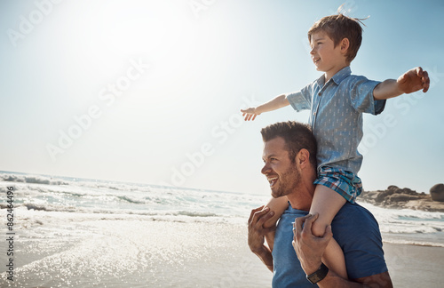Fototapeta Dad, beach and child on shoulders for plane, vacation or waves to relax with care, love or bonding on walk