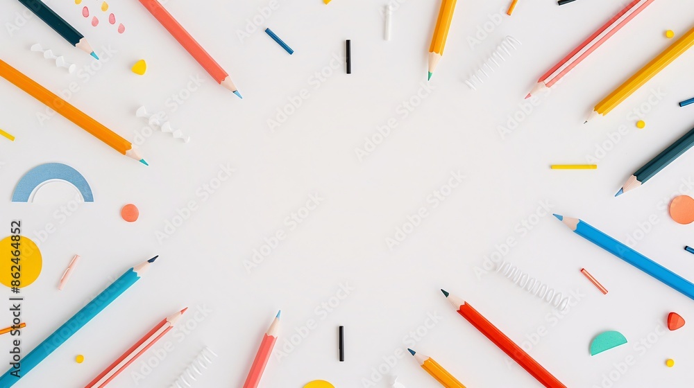 Creative flat lay of colorful pencils and geometric shapes arranged in a circle on a white background, perfect for school and art projects. Creative flat lay of colorful pencils and geometric shapes arranged in a circle on a white background, perfect for school and art projects.