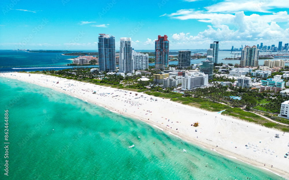 The skyline of Miami. Miami Beach aerial view. South Beach, Miami Beach. Aerial view South Pointe Park in Miami Beach, Florida. American tourism in Florida. The skyline of Miami. Miami Beach aerial view. South Beach, Miami Beach. Aerial view South Pointe Park in Miami Beach, Florida. American tourism in Florida.