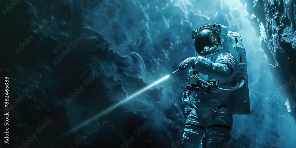 An astronaut pierces through a shadowy backdrop with a beam of light, echoing themes of hope and enlightenment An astronaut pierces through a shadowy backdrop with a beam of light, echoing themes of hope and enlightenment