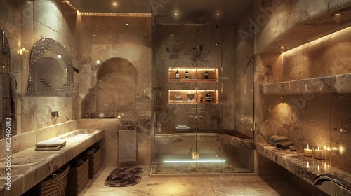 A meticulously rendered photorealistic view capturing the essence of a spa-like restroom, showcasing a luxurious shower section with a steam feature, built-in shelving, and natural stone tiles, creati photo