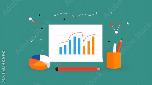 Data analysis concept image with a graph, pie chart, pencil, and office supplies on a green background.