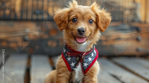Puppy in a starspangled harness, Cute dog 4th of July, safe and stylish photo