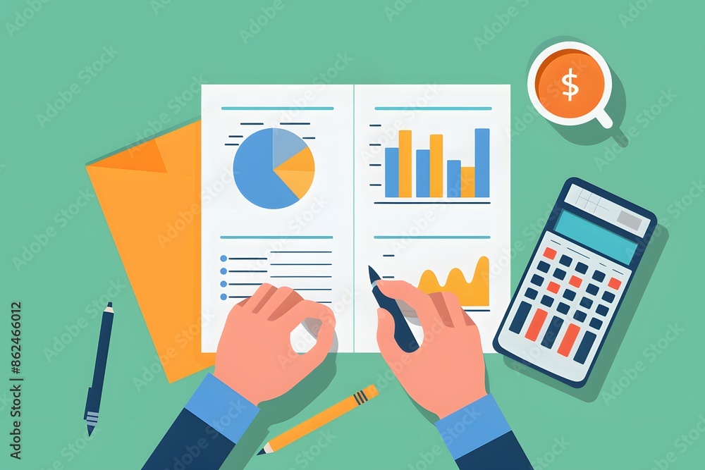 Obraz premium Flat lay of hands analyzing financial data with graphs and calculator on a desk, representing business analytics and finance management.