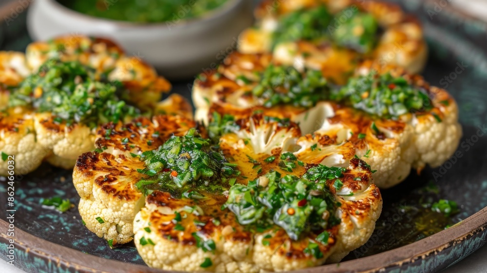 Cauliflower Steaks with Lemon Herb Sauce. Golden Roasted Cauliflower Steaks with Herb Sauce Cauliflower Steaks with Lemon Herb Sauce. Golden Roasted Cauliflower Steaks with Herb Sauce