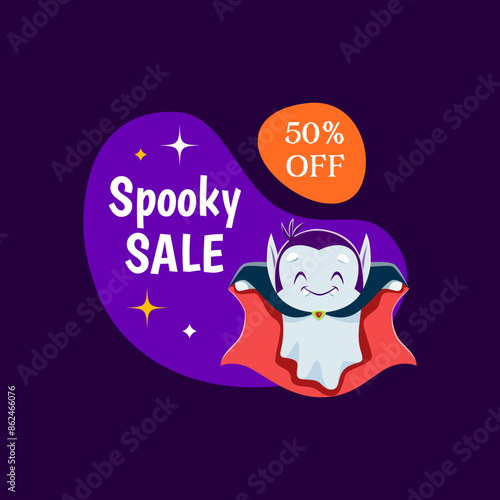 Halloween sale frame and kawaii ghost character, dressed as a vampire, ready to spook with discounts. Vector discount tag featuring an adorable Dracula phantom with fangs and cape offering spooky offs