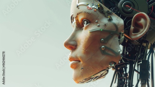 Artificial General Intelligence AI of Woman female humanoid robot human computer hybrid interaction advanced technology with wires. photo