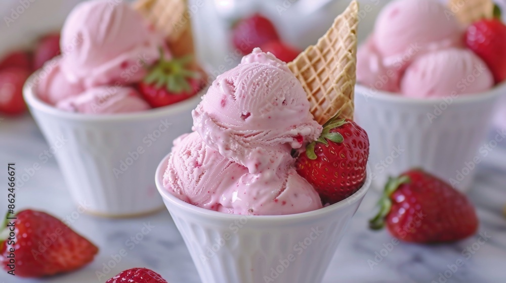 Strawberry Ice Cream Scoop in Waffle Cone with Fresh Berries Strawberry Ice Cream Scoop in Waffle Cone with Fresh Berries