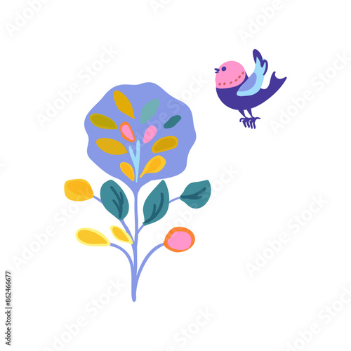 lilac tree with a bird, depicted in a charming folk style. The design is colorful and whimsical
