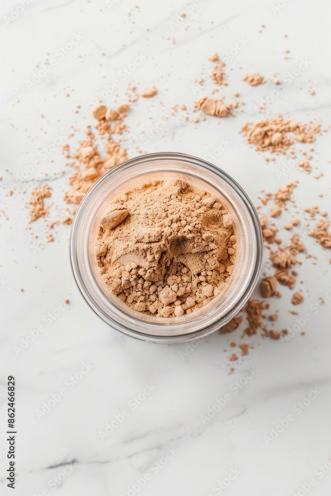 Close-up of brown powder in a container on a white background. Close-up of brown powder in a container on a white background.