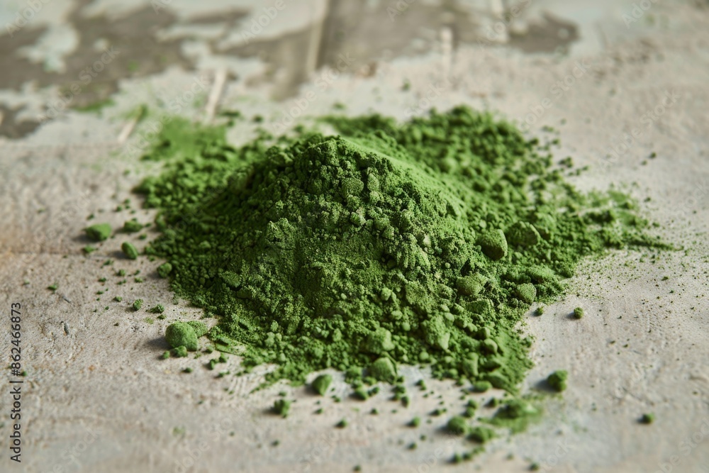 Close-up of matcha powder on dark surface. Macro shot of green tea powder. Close-up of matcha powder on dark surface. Macro shot of green tea powder.