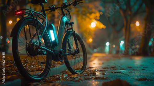 Electric Bicycle on an Illuminated Autumn Street at Night © ladaz