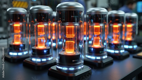 Close-up of a row of illuminated vacuum tubes glowing with orange and blue light, arranged on a dark surface
