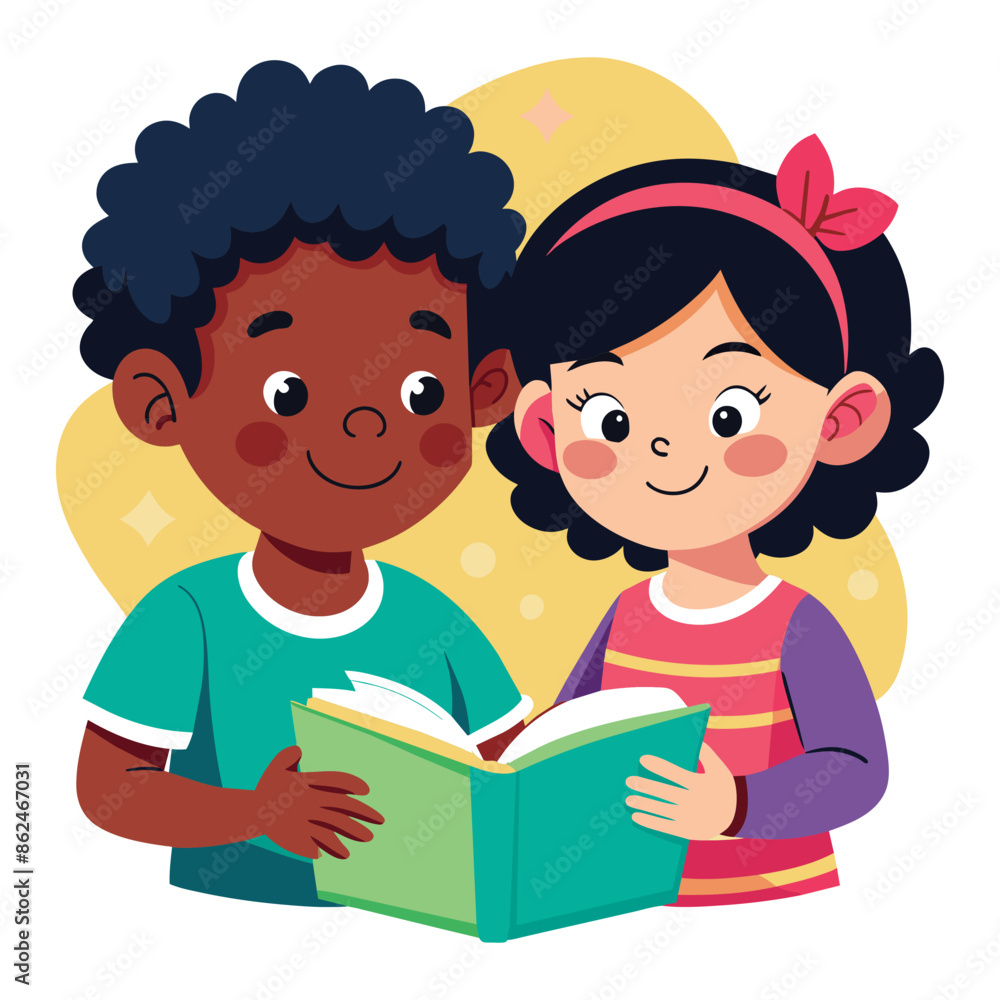 Two enthusiastic children, black boy and girl sharing books and learning together, vector cartoon illustration. Two enthusiastic children, black boy and girl sharing books and learning together, vector cartoon illustration.