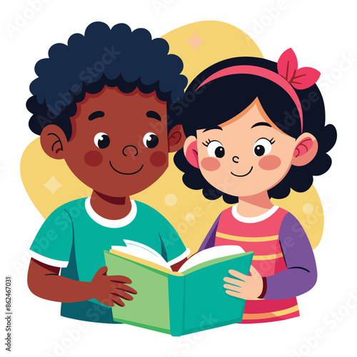 Two enthusiastic children, black boy and girl sharing books and learning together, vector cartoon illustration.