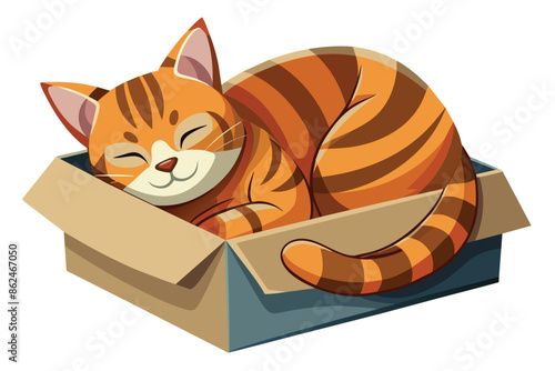 Content tabby cat sleeping in a cardboard box vector cartoon illustration. 