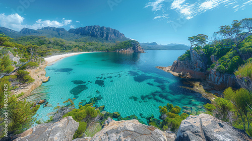  Bay from a high vantage point in Freycinet National Park, showcasing its turquoise waters, white sandy beach curving between lush green hills under a clear blue sky. Image with copyspace photo