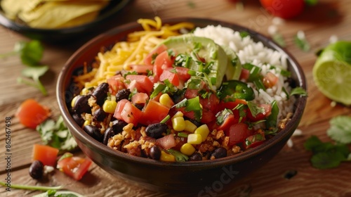 Vegan Fiesta Taco Bowl. Colorful Mexican bowl with rice, beans, avocado, and vegetables