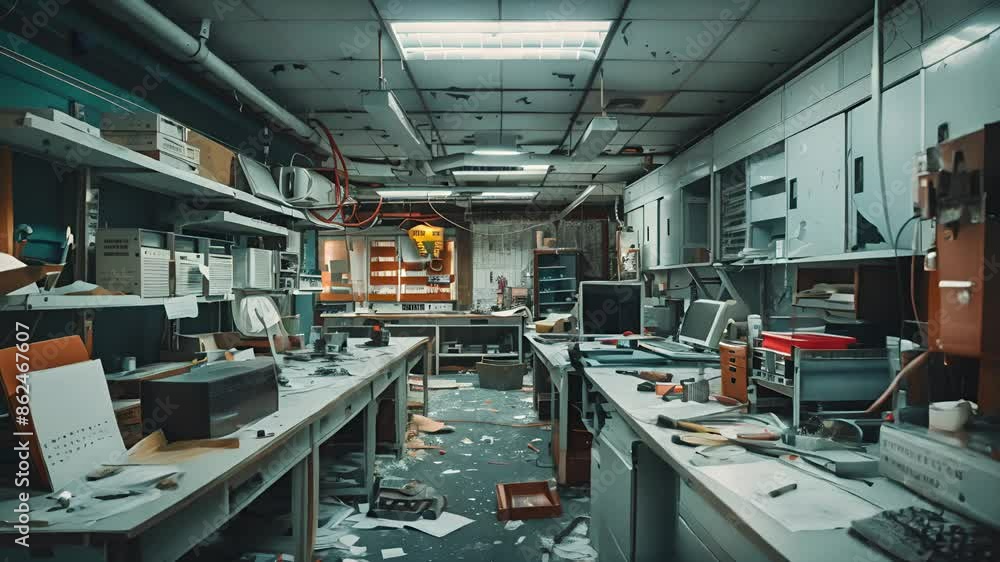 Abandoned workspace, chaos and forgotten technology Abandoned workspace, chaos and forgotten technology