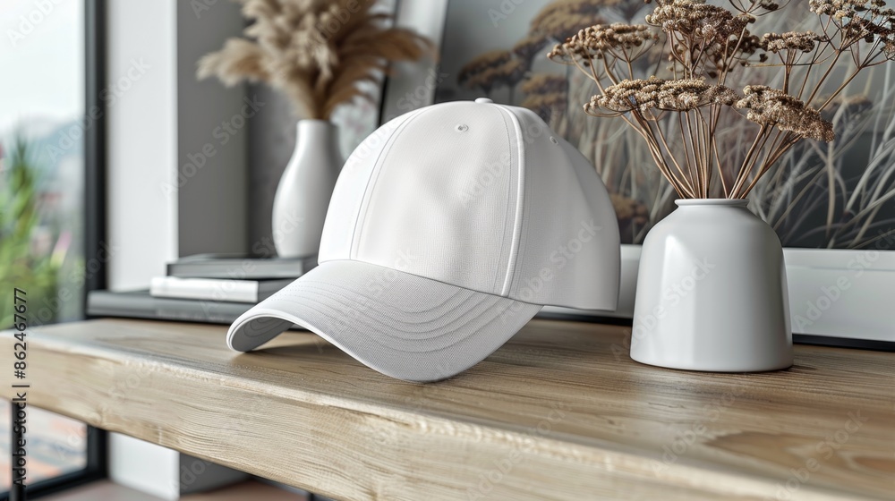 White baseball cap on wooden shelf with decorative vases in modern interior. White baseball cap on wooden shelf with decorative vases in modern interior.