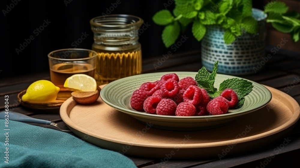Peasant style interior with rustic table setting featuring 3d cup of fresh raspberries Peasant style interior with rustic table setting featuring 3d cup of fresh raspberries
