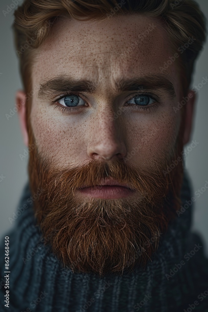 Obraz premium Close up of a young man with a beard and piercing blue eyes