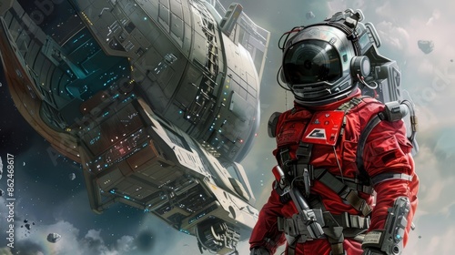  Astronaut robot in red suit in front of a spaceship. science fiction art. Space fantasy image with astronaut with copy space