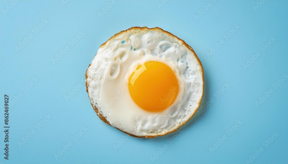 tasty sunny side up fried egg isolated on a blue background, top view tasty sunny side up fried egg isolated on a blue background, top view