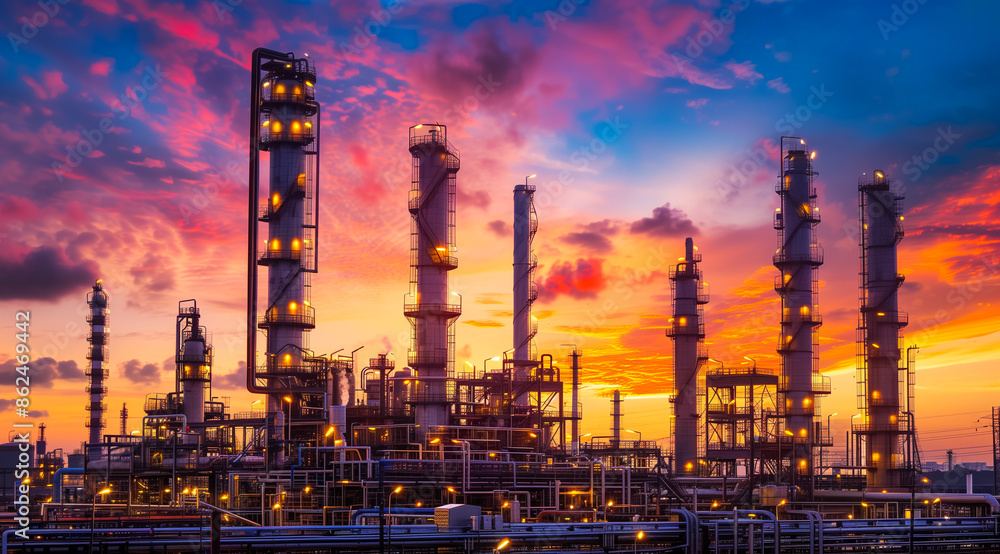 Petrochemical plant with multiple towers and pipes Petrochemical plant with multiple towers and pipes