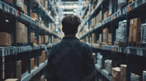 Back view of diligent worker scanning shelves in a storage facility. © Various Backgrounds