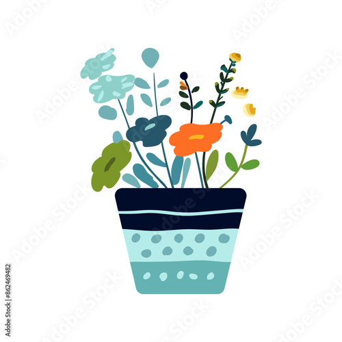 Illustration of minimalistic delicate flowers planted in a pot, depicted in a charming folk style. Suitable for print, decoration, poster printing, and home decor.
