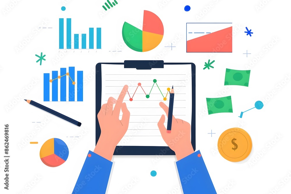 Illustration of hands analyzing data charts and graphs on a clipboard, depicting business growth, financial analysis and market trends. Illustration of hands analyzing data charts and graphs on a clipboard, depicting business growth, financial analysis and market trends.