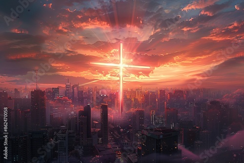 Sunset over the city with light cross above city. 3D render. Conceptual image