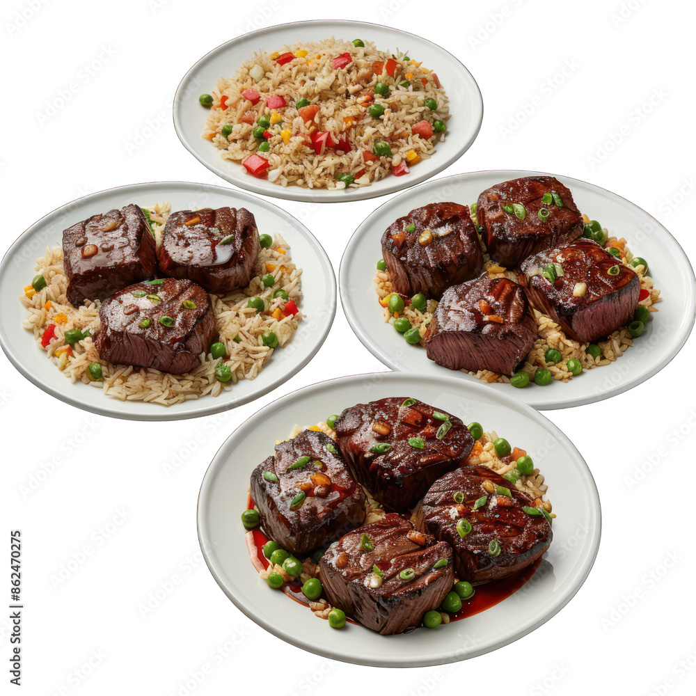 5 plates of steak with fried rice on the side isolated on white transparant background png 5 plates of steak with fried rice on the side isolated on white transparant background png