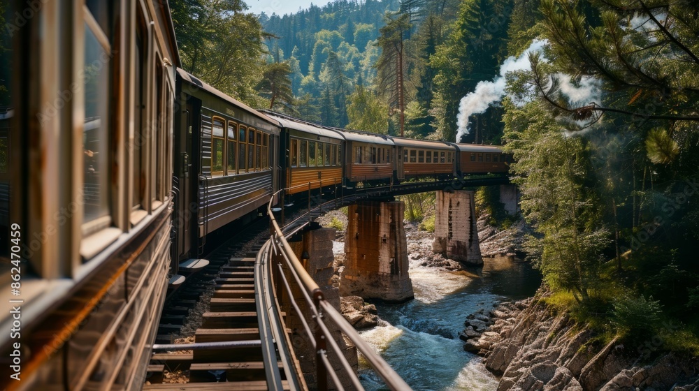 Crossing a towering bridge over a rushing river a historic steam train making its way through a scenic landscape. Crossing a towering bridge over a rushing river a historic steam train making its way through a scenic landscape.