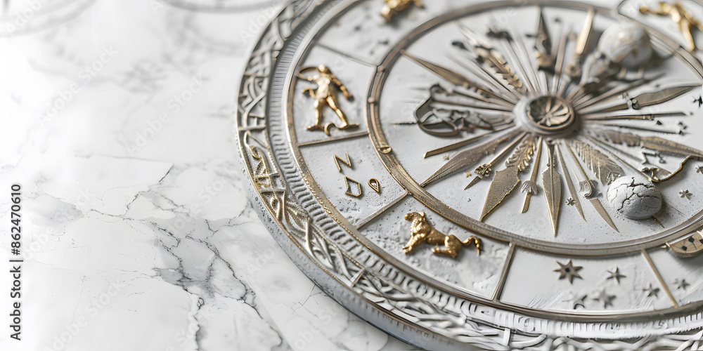 Obraz premium Zodiac Wheel symbolically represents the Sun's journey through the sky divided into 12 parts, each associated with a specific astrologic